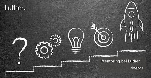 Schwarztafel mit verschiedenen Illustrationen, die den Mentoring-Prozess symbolisieren: ein Fragezeichen, Zahnräder, eine Glühbirne, ein Ziel und eine Rakete, die nach oben zeigt. Der Text "Mentoring bei Luther" ist in der unteren rechten Ecke platziert.