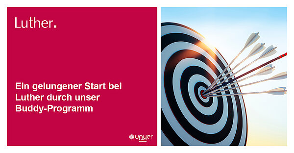 Ein Ziel mit mehreren Pfeilen, die genau in der Mitte stecken. Auf der linken Seite steht der Text: "Luther. Ein gelungener Start bei Luther durch unser Buddy-Programm.