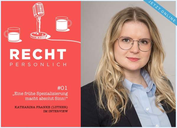 Auf dem Bild sieht man Katharina Franke im Portait neben dem Logo und Titel des Podcasts und dem Zitat "Eine frühe Spezialisierung macht absolut Sinn"