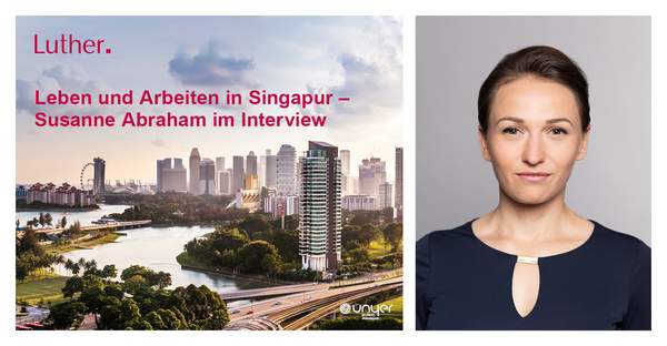 Auf der linken Seite sieht man die Skyline von Singapur, rechts das Profilbild der Rechtsanwältin Susanne Abraham im Portrait