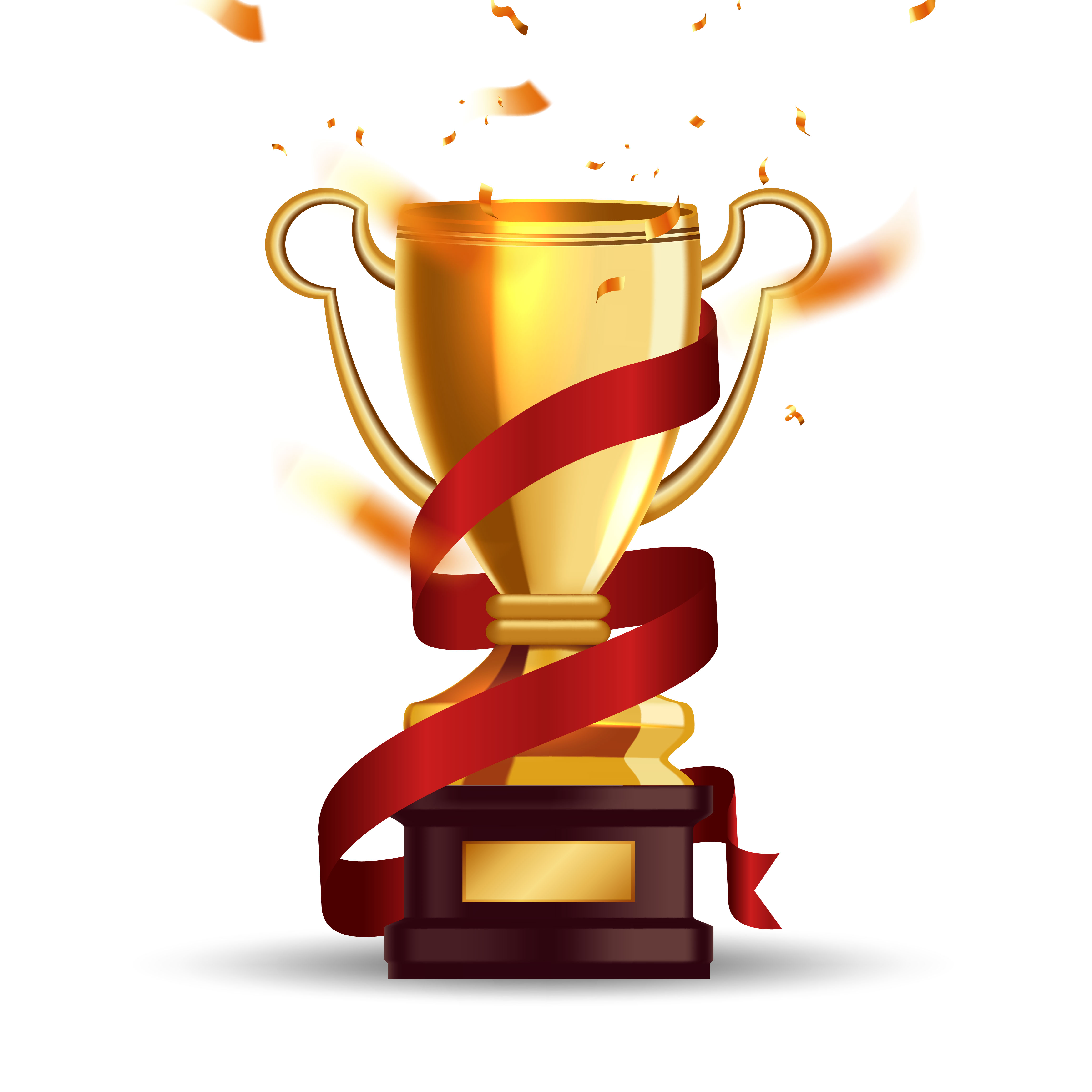 Eine goldene Trophäe steht auf einem Schwarzen Sockel, umwickelt mit einem roten Band. Funken und kleine Partikel fliegen um die Trophäe, was Freude und Feierlichkeit symbolisiert.