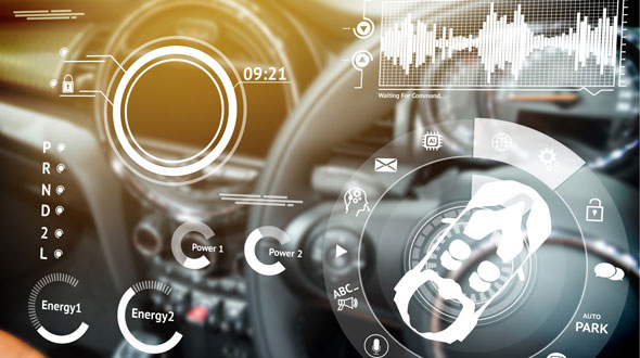 The image displays a close-up view of a car's dashboard, featuring digital interface elements such as a clock, power indicators, and controls for energy and vehicle functions. There are also icons for parking assistance and audio feedback, indicating advanced technological features.
