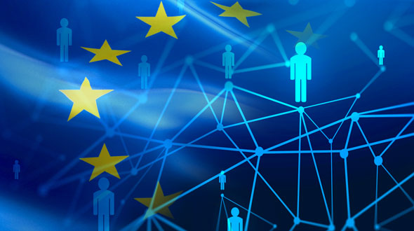 Die Grafik zeigt ein Netzwerk mit stilisierten Figuren, die durch Linien verbunden sind. Im Hintergrund sind Sterne und die Farben der europäischen Flagge zu sehen. Das Bild symbolisiert Vernetzung und Zusammenarbeit innerhalb Europas.