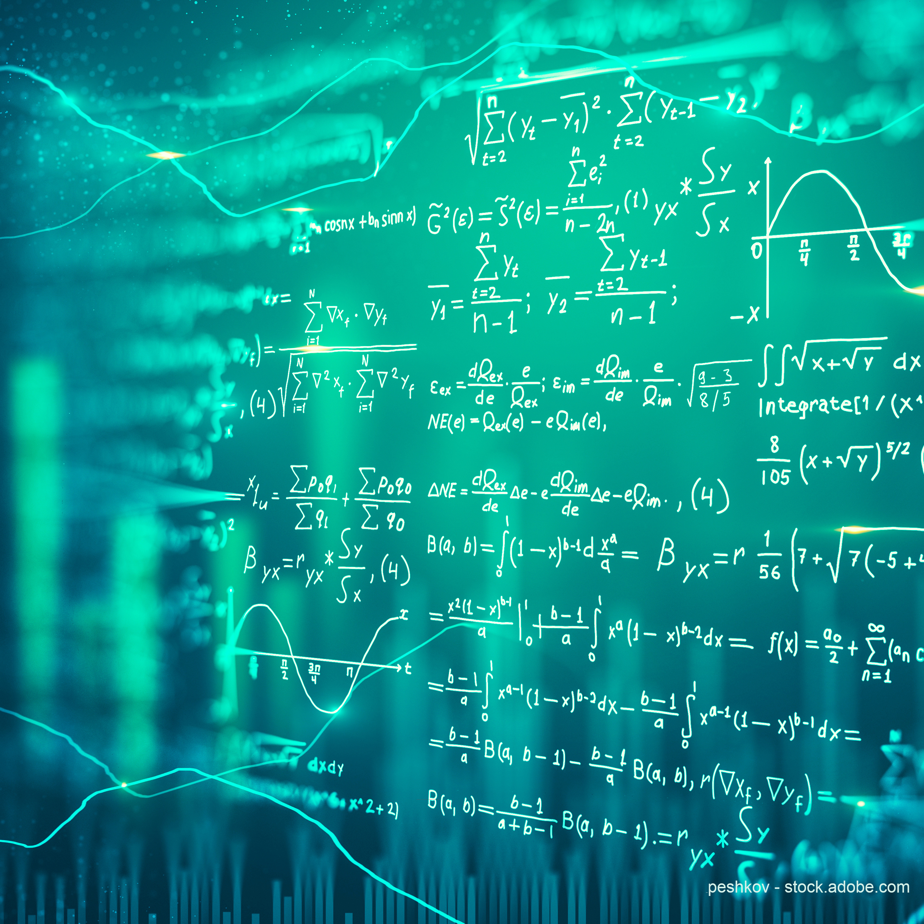 Eine grüne digitale Tafel mit verschiedenen mathematischen Formeln, Gleichungen und Diagrammen. Die Inhalte scheinen komplexe Berechnungen und wissenschaftliche Notationen darzustellen, die typischerweise in Mathematik oder Physik verwendet werden.