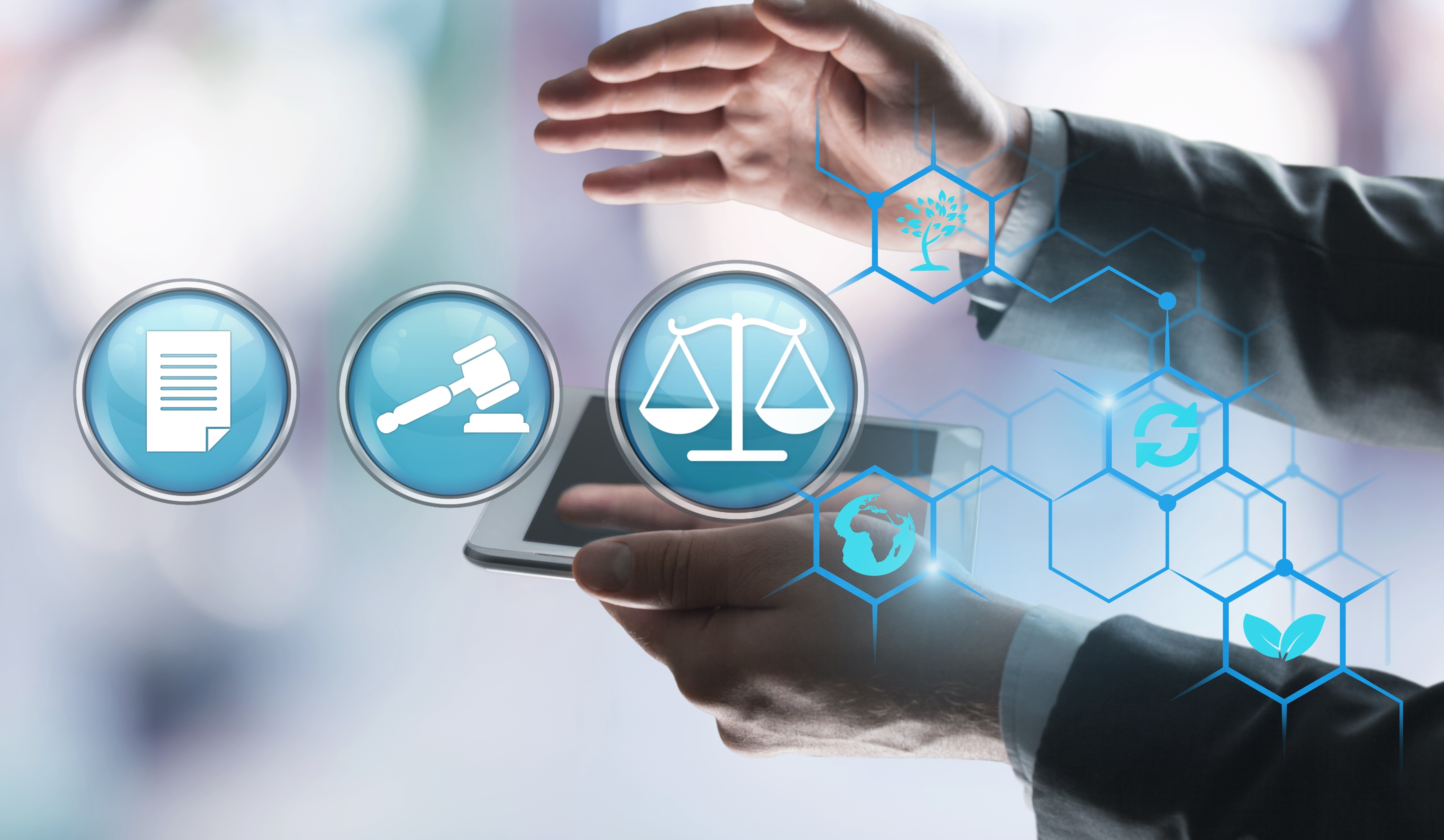 A person holds a tablet with symbols representing legal documents, a gavel, and scales of justice. Surrounding the tablet are icons related to sustainability and global awareness, suggesting a theme of law and technology in environmental contexts.