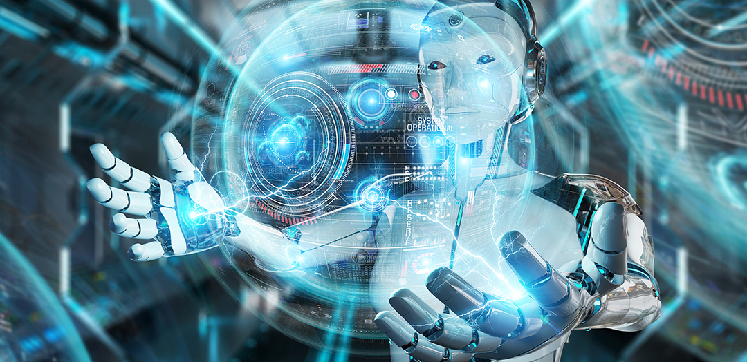 Ein futuristischer Roboter mit leuchtenden, mechanischen Armen und einem holographischen Interface vor dem Körper. Der Roboter scheint Energie oder Daten zwischen seinen Händen zu manipulieren, umgeben von technologischen Elementen und einem digitalen Hintergrund.
