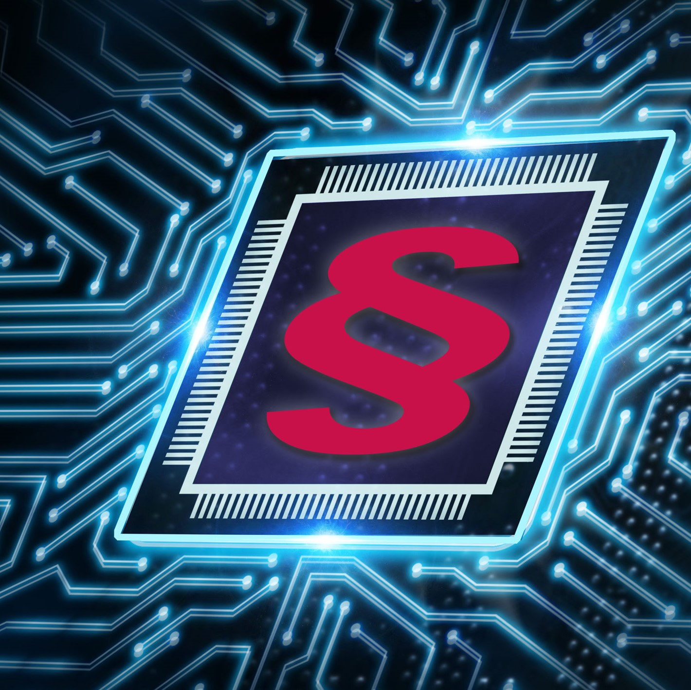 Ein stilisierter Mikrochip mit dem Symbol eines Paragraphen in kräftigem Rot auf dunklem Hintergrund, umgeben von blauen Schaltkreisen. Das Bild vermittelt eine Verbindung zwischen Technologie und rechtlichen Themen.
