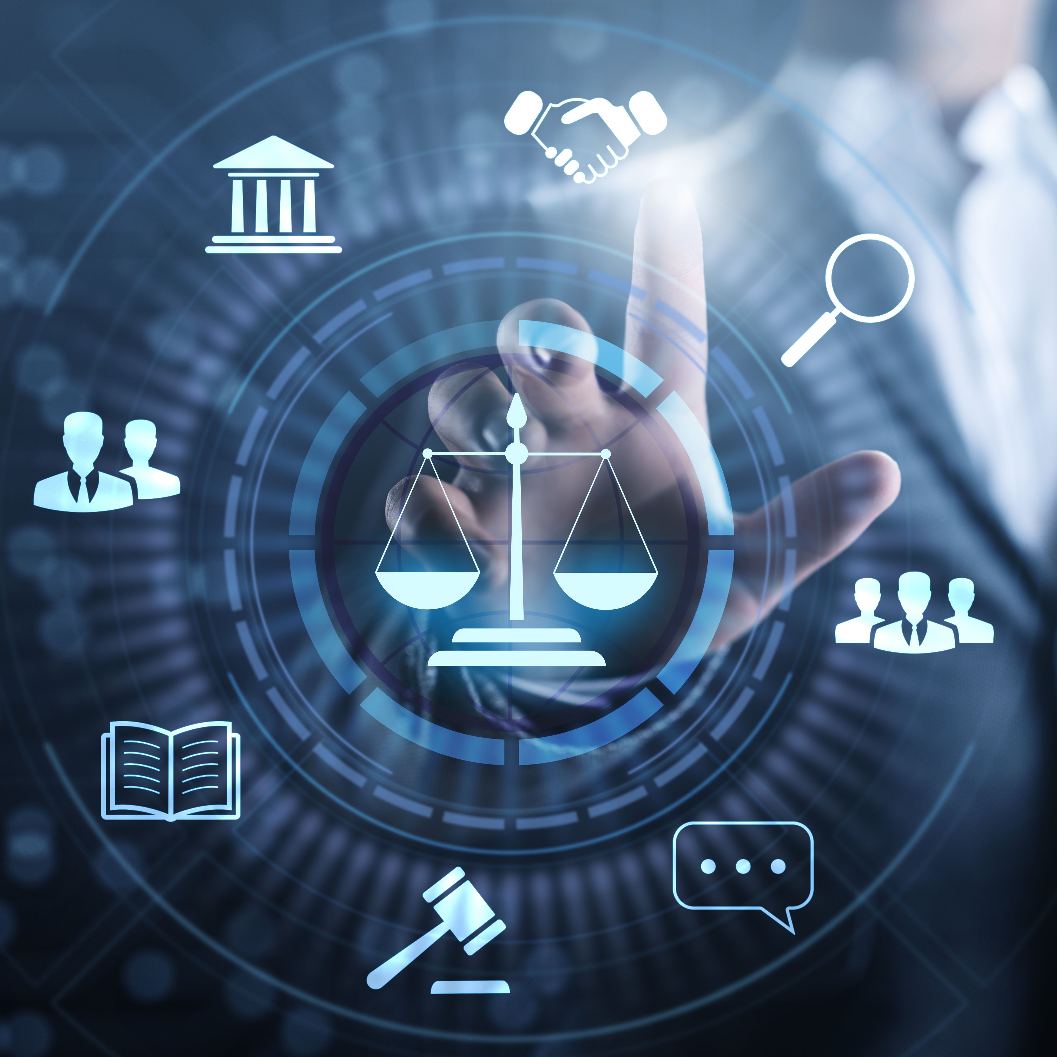 A person wearing a suit reaches toward a holographic display featuring a balance scale, symbolizing justice. Surrounding icons include a gavel, a search magnifying glass, a handshake, and figures representing collaboration, indicating themes of law, negotiation, and community.