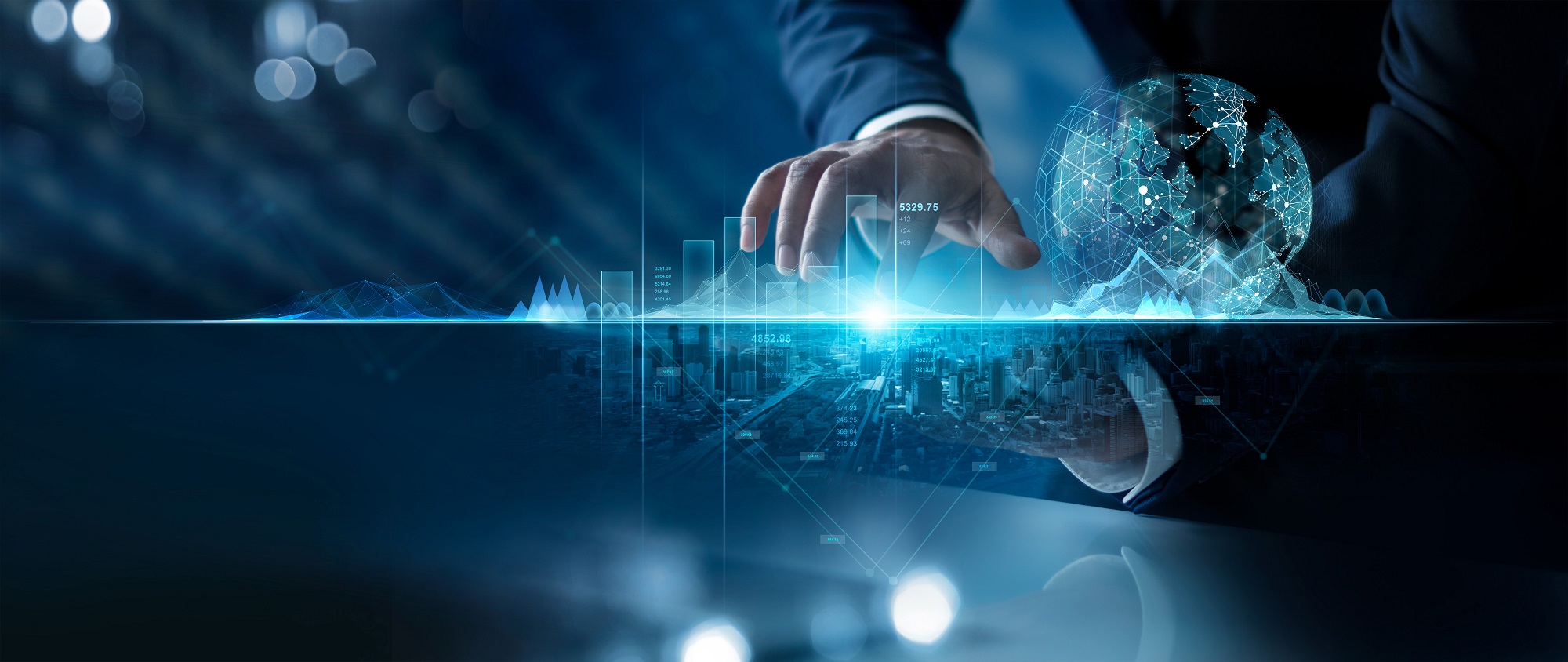 A hand reaches toward a glowing projection of a city skyline overlaid with digital graphs and data. An abstract globe with network lines is depicted to the right, suggesting themes of technology, global connectivity, and data analysis. The overall tone is futuristic and analytical.
