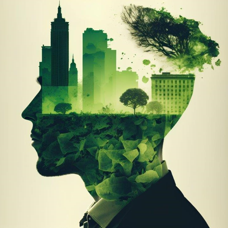 Das Bild zeigt das Profil eines Mannes, dessen Kopf durch eine Szenerie aus grünen Pflanzen und Stadtgebäuden ersetzt wird. Diese Darstellung kombiniert Natur und Urbanität, um die Verbindung zwischen Umweltbewusstsein und städtischem Leben zu verdeutlichen.