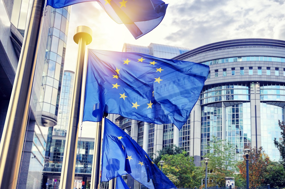 Fünf EU-Flaggen wehen vor einem modernen Gebäude. Die Flaggen sind blau mit gelben Sternen und stehen für die Europäische Union. Im Hintergrund ist die Glasfassade des Gebäudes sichtbar, umgeben von Bäumen und Sträuchern.