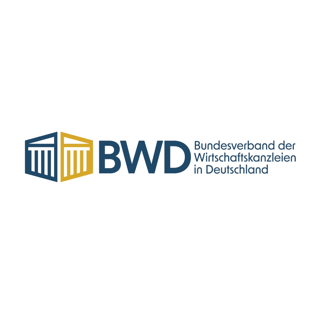 Logo of BWD (Bundesverband der Wirtschaftskanzleien in Deutschland), featuring stylized columns and the abbreviation "BWD" in bold, with the full name in smaller text below. The logo uses blue and gold colors.