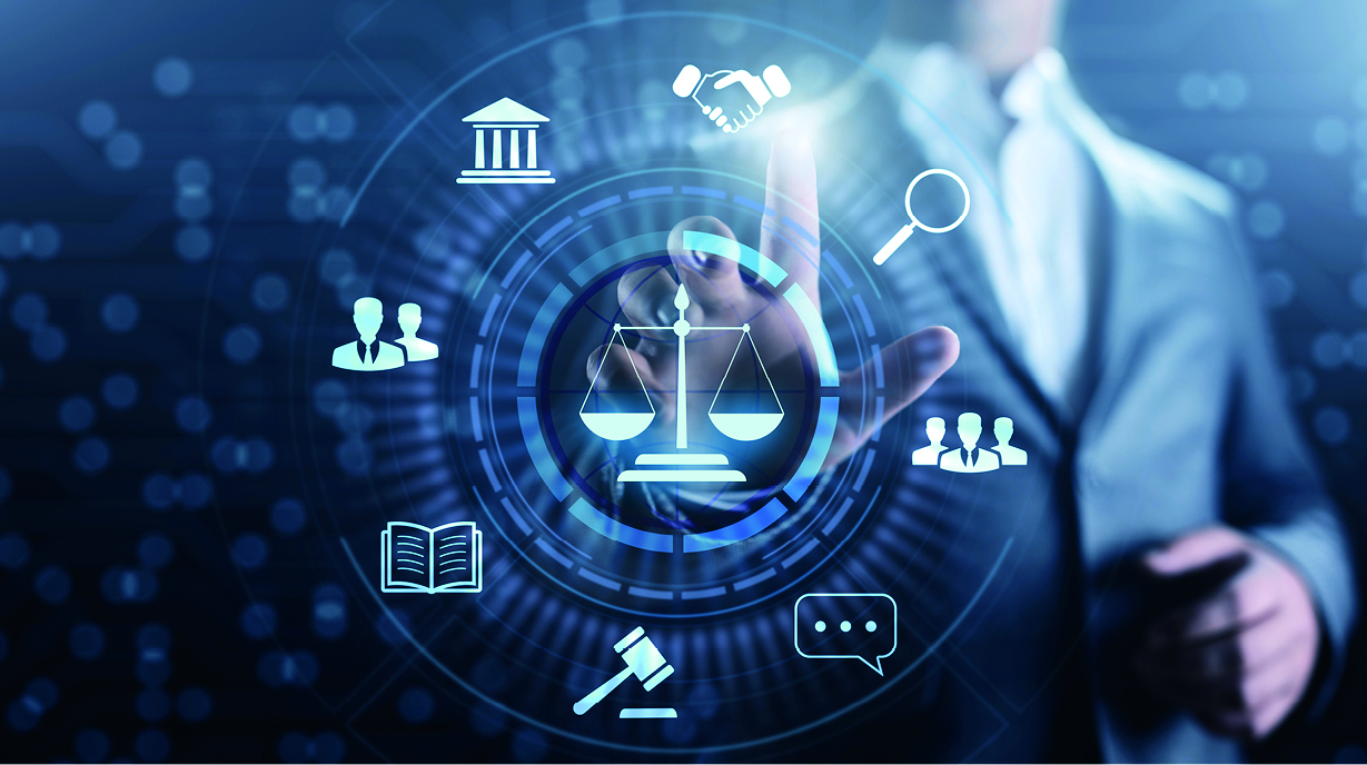 Eine Person in einem Anzug berührt virtuell eine grafische Darstellung von Justitia, umgeben von Symbolen wie einer Waage, einem Gericht, Handschlägen, einer Lupe und Kommunikationsblasen. Die Darstellung spiegelt rechtliche Themen und digitale Interaktion wider.