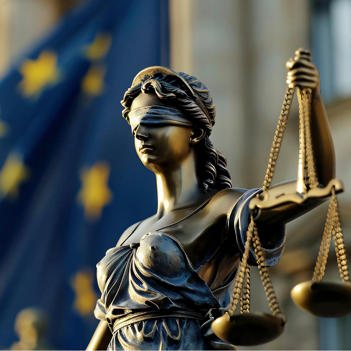 Die Statue der Justitia, blindfolded, hält in einer Hand eine Waage und in der anderen ein Schwert. Sie symbolisiert Gerechtigkeit und Unparteilichkeit, vor einem verschwommenen Hintergrund mit einer Europäischen Flagge.
