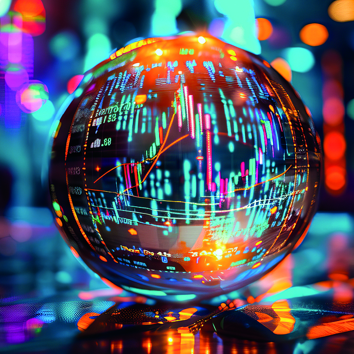 Eine reflektierende Kugel, die digitale Finanzgrafiken und Balkendiagramme zeigt, umgeben von bunten, verschwommenen Lichtern. Die Grafiken deuten auf steigende Kurse hin und vermitteln eine futuristische Atmosphäre.