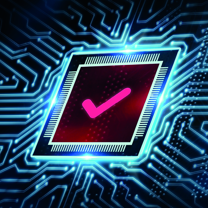 Ein stilisierter Chip mit einem pinken Häkchen auf einem leuchtenden Hintergrund aus elektrischen Schaltkreisen. Der Chip ist von einem hellen Lichtkranz umgeben, der die Technologie und Zustimmung symbolisiert.