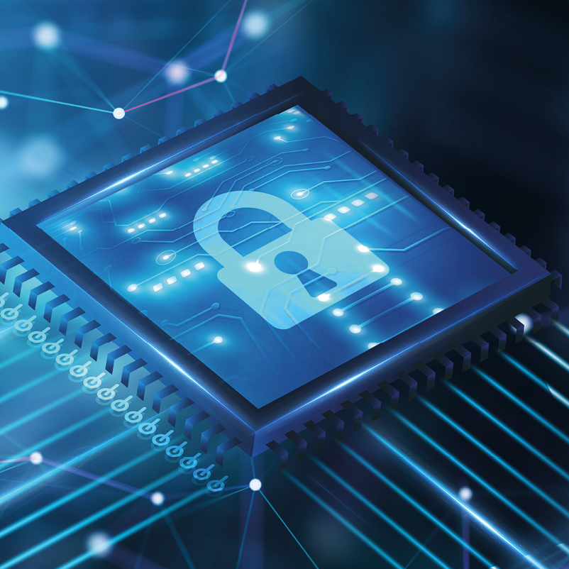 Ein Mikrochip mit einem stilisierten Vorhängeschloss in der Mitte, das für digitale Sicherheit steht. Der Hintergrund zeigt abstrakte Linien und Punkte, die technologische Vernetzungen symbolisieren. Die Farben sind vorwiegend Blau und Weiß, was eine futuristische Atmosphäre vermittelt.