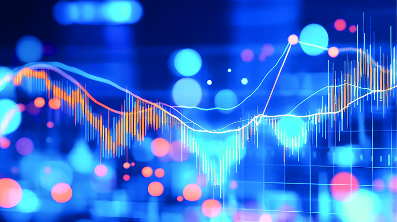 Ein abstraktes Diagramm mit einem erhöhten Trendverlauf, überlagert von leuchtenden, bunten Punkten. Die Linien und Balken sind in Blau- und Orangetönen gehalten, was eine digitale, futuristische Atmosphäre schafft.