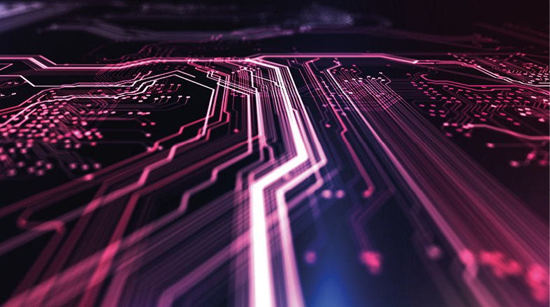 Abstract digital circuitry with intricate pathways and glowing lines in shades of pink and purple against a dark background, representing technology and data connections.