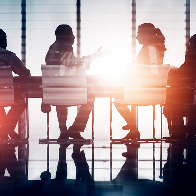 Silhouetten von Personen in einem Besprechungsraum, die sich gegenüber sitzen. Eine Person gestikuliert lebhaft, während eine andere aufmerksam zuhört. Licht strömt durch große Fenster und schafft eine dynamische Atmosphäre für das Gespräch.