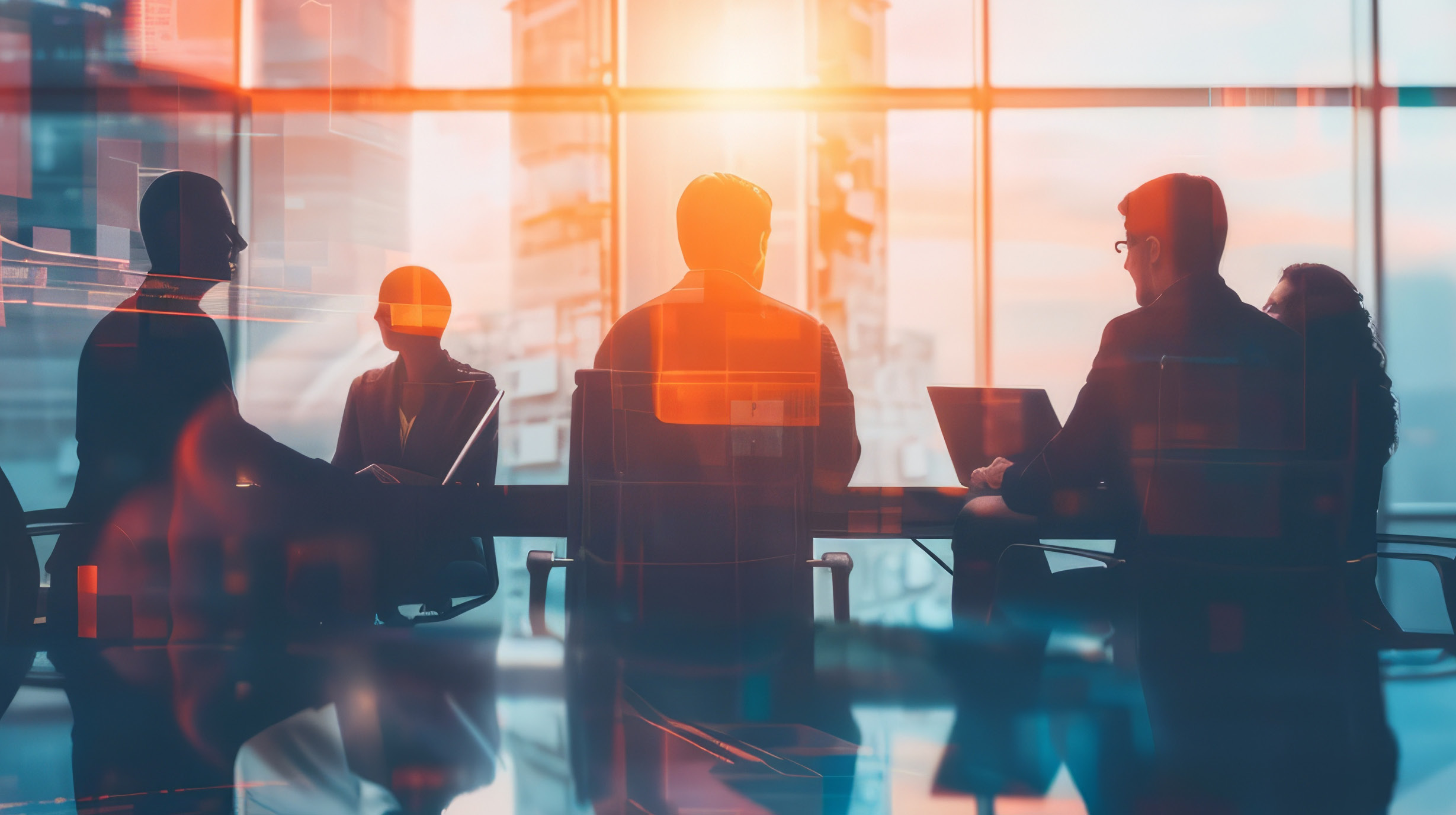 Silhouetten von fünf Personen, die an einem Konferenztisch sitzen. Im Hintergrund sind hohe Fenster mit Stadtansicht und warmem Licht. Die Szene vermittelt eine Atmosphäre von Geschäftstreffen oder strategischer Besprechung.