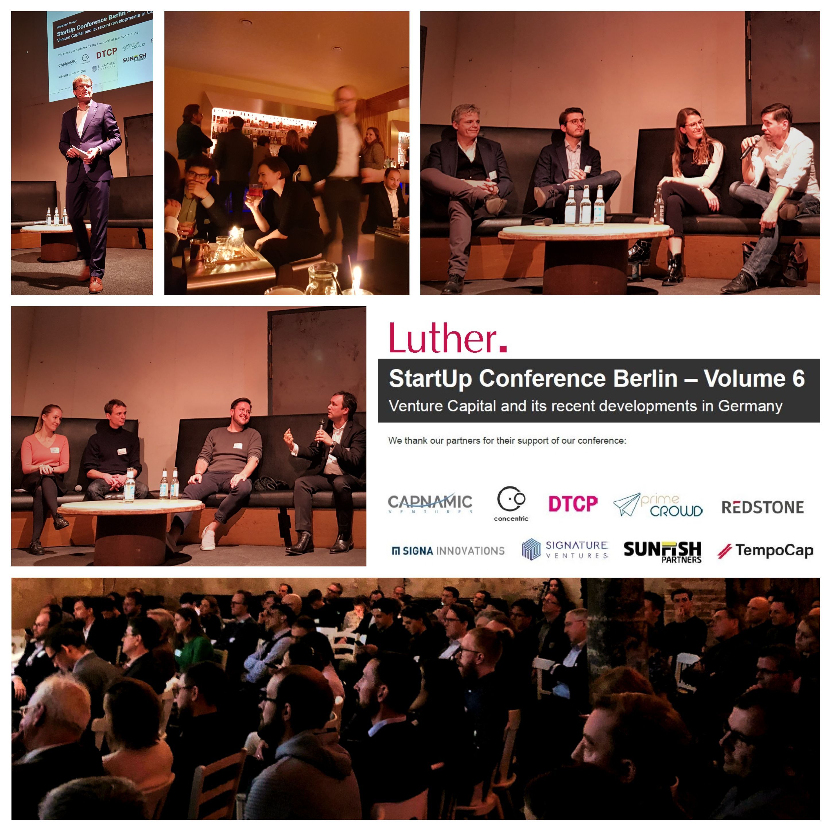 Das Bild zeigt die StartUp Conference in Berlin. In der Mitte diskutiert ein Panel aus mehreren Personen auf einer Bühne über Venture Capital. Im Vordergrund sind zahlreiche Zuhörer zu sehen, die aufmerksam lauschen. Die Veranstaltung wird von mehreren Sponsoren unterstützt.