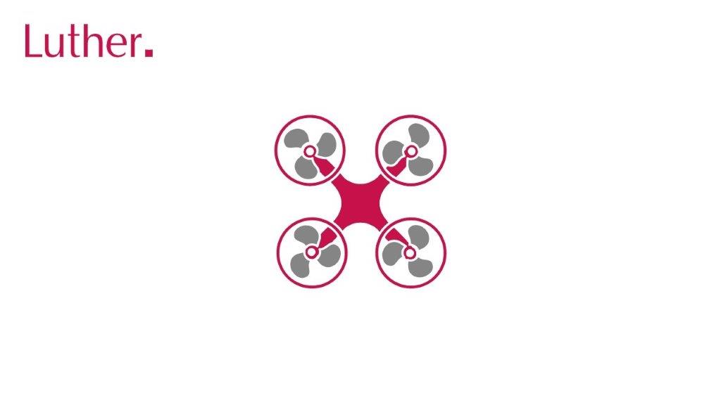 Das Bild zeigt ein stilisiertes Design eines Quadcopters mit vier Propellern, die an den Ecken angeordnet sind. Im oberen linken Bereich steht der Text "Luther." in einer modernen Schriftart.