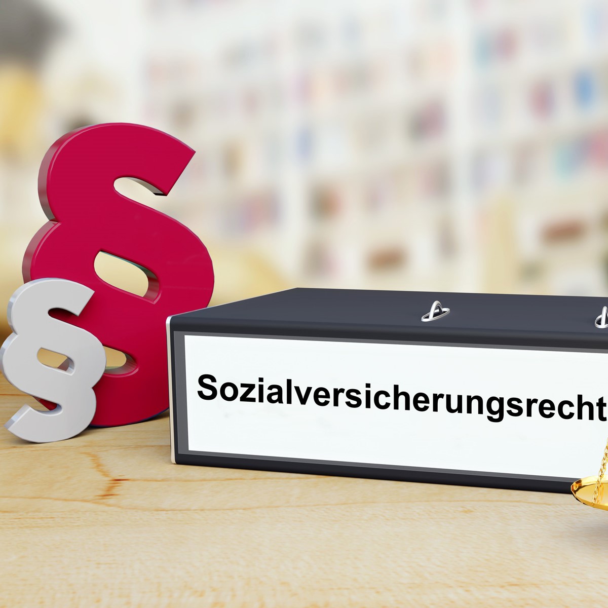 Ein rotes und ein graues Paragraphenzeichen stehen neben einer schwarzen Box mit der Beschriftung "Sozialversicherungsrecht". Im Hintergrund sind unscharfe Regale zu sehen. Die Bildkomposition verweist auf Themen des Sozialversicherungsrechts.