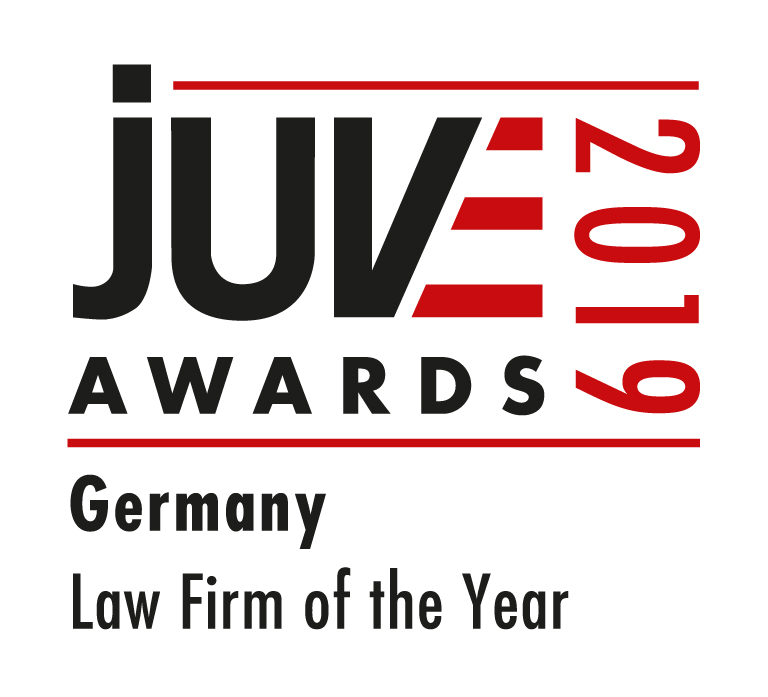 An award logo for the JUVE Awards 2019, stating "Germany Law Firm of the Year." The design features bold and distinctive typography with a combination of red and black colors, highlighting the award's significance in the legal field.