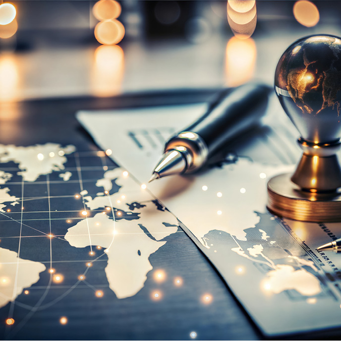 Ein Schreibtisch mit einer Weltkarte, einem Kugelschreiber und einem kleinen Globus. Im Hintergrund sind unscharfe, warme Lichter sichtbar. Der Fokus liegt auf den Materialien zur Planung oder Recherche, die eine globale Perspektive symbolisieren.