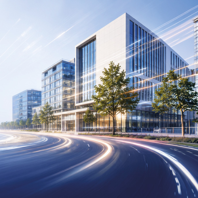 Moderne Bürogebäude entlang einer kurvigen Straße, umgeben von Bäumen. Die Architektur ist zeitgenössisch mit großen Fenstern, die Licht reflektieren. Der Himmel ist klar und blau, was eine positive und lebendige Atmosphäre schafft.