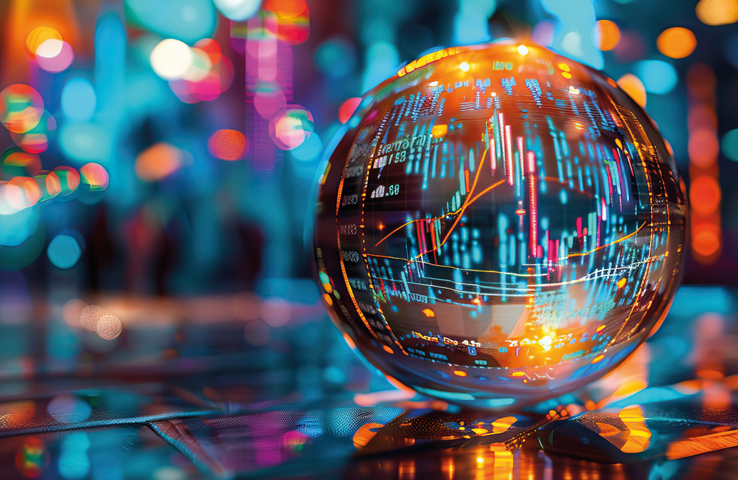 Ein transparenter Globus mit digitalen Grafiken und Linien, die finanzielle Daten darstellen, steht im Vordergrund. Im Hintergrund sind unscharfe Lichter und Farben einer urbanen Umgebung zu sehen, was eine lebendige, moderne Atmosphäre schafft.