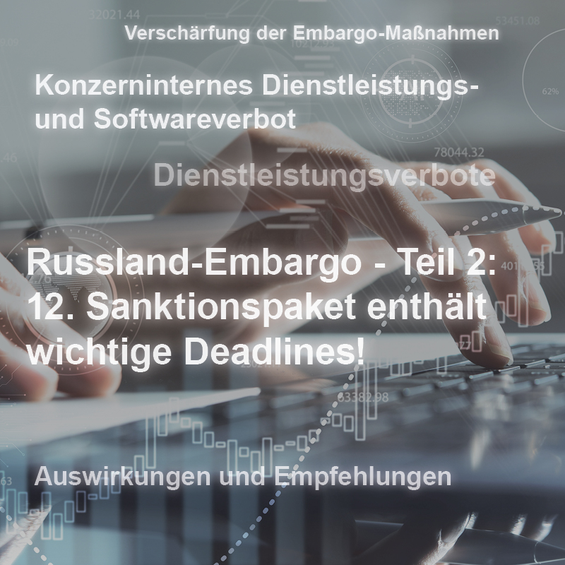 Text provides information about an embargo on Russia, emphasizing the 12th sanctions package and important deadlines, along with service and software bans. The text also hints at effects and recommendations regarding these measures.