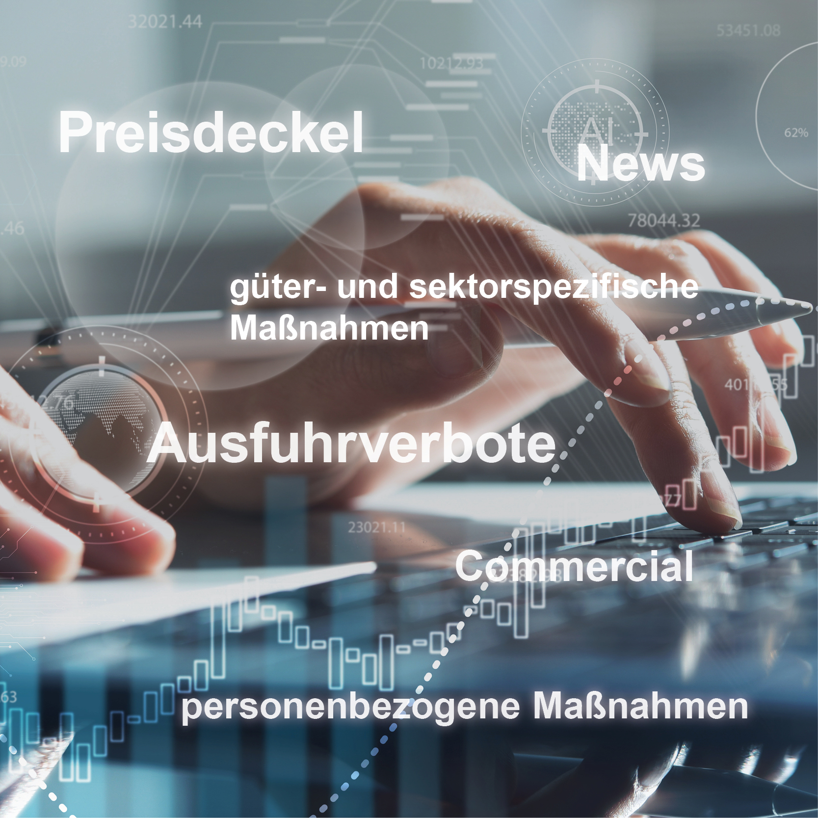 Die Darstellung zeigt eine Hand, die auf eine Tastatur tippt, umgeben von Texten wie „Preiskappen“, „Ausfuhrverbote“ und „News“. Visualisiert werden verschiedene wirtschaftliche Maßnahmen und Informationen, die miteinander verbunden sind.