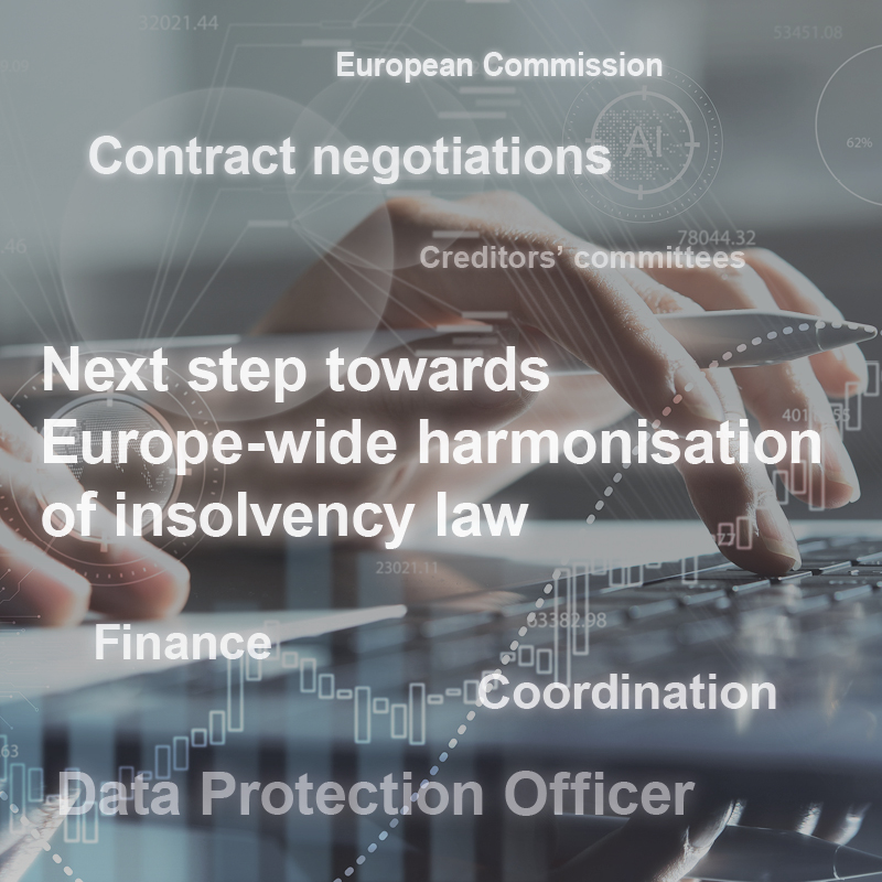 A close-up of hands typing on a keyboard, with overlays of digital symbols and text that highlight themes of contract negotiations and the European Commission's efforts towards harmonizing insolvency law across Europe. Key concepts include finance, coordination, and data protection.