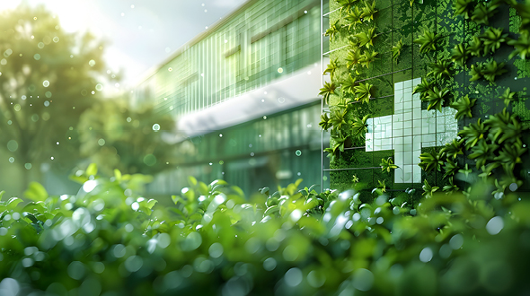 Das Bild zeigt eine moderne, mit Pflanzen bewachsene Gebäudewand, auf der ein grünes Kreuz aus Platten angedeutet ist. Im Vordergrund sind dichte grüne Sträucher sichtbar, während die Lichtverhältnisse eine frische und einladende Atmosphäre schaffen.