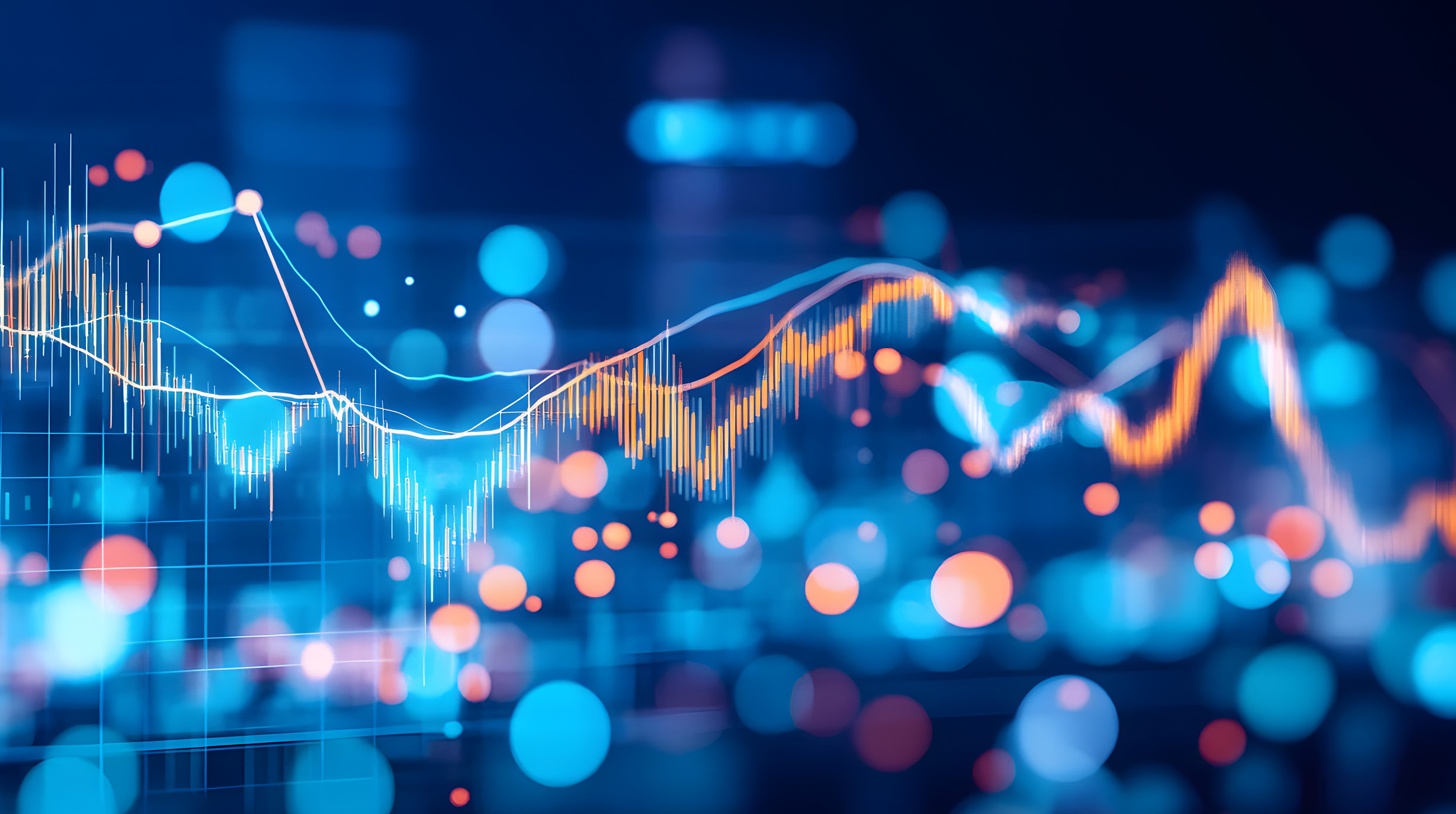 Grafische Darstellung eines Finanzdiagramms mit ansteigenden und fallenden Linien in verschiedenen Farben auf einem unscharfen, leuchtenden Hintergrund. Bunte Kreise und Punkte erzeugen eine dynamische Atmosphäre, die mit Datenanalysen und Marktentwicklungen assoziiert wird.