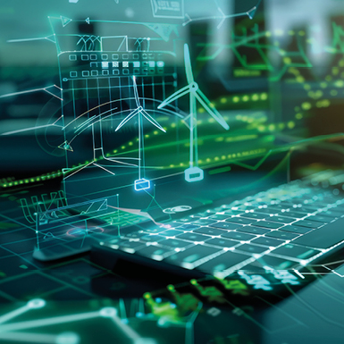 A computer keyboard is shown with digital green graphics overlay, including icons of wind turbines and technical diagrams, symbolizing technology and renewable energy concepts.