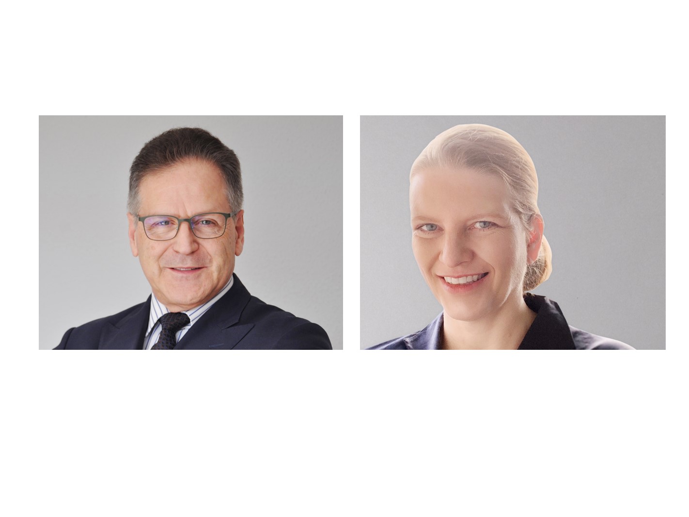 The image features two business professionals side by side. On the left, a man with glasses and short hair, wearing a black suit and tie, smiles confidently. On the right, a woman with long, tied-back hair, dressed in a dark blazer, also smiles warmly.