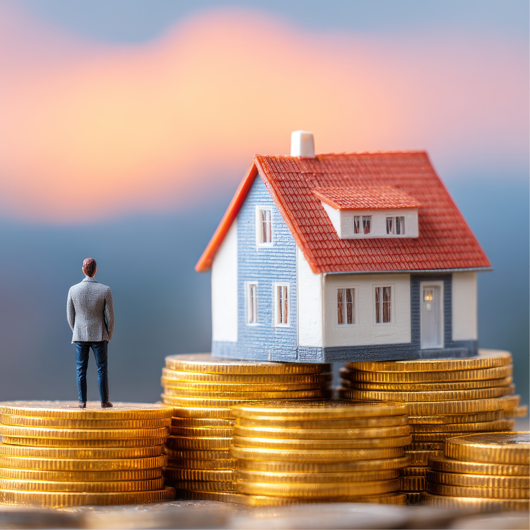 Eine kleine Figur steht vor einem Modellhaus, das auf einem Haufen Münzen platziert ist. Der Hintergrund zeigt einen farbenfrohen Sonnenuntergang. Das Bild symbolisiert finanzielle Investitionen in Immobilien.
