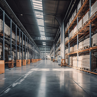 Das Bild zeigt eine weitläufige Lagerhalle mit hohen Regalen, die mit Paletten beladen sind. Es gibt einen klaren Gang zwischen den Regalen, in dem sich orangefarbene Gabelstapler befinden. Natürliches Licht strömt durch obere Fenster, was den Raum gut beleuchtet.