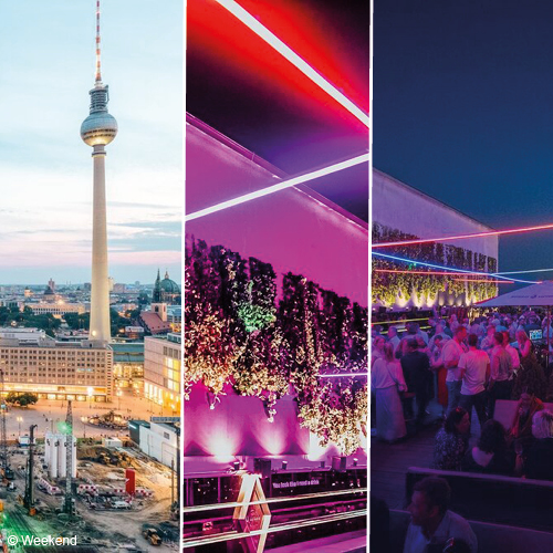 Eine Collage von drei Bildern: Links der Berliner Fernsehturm mit Stadtansicht, in der Mitte eine stilvolle Innenaufnahme mit bunten Beleuchtungselementen und grünen Pflanzen, und rechts eine belebte Szenenaufnahme in einem modernen Club mit bunten Lichtern und Menschen.