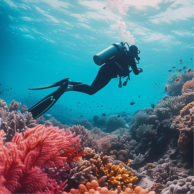 Ein Taucher in schwarzem Anzug schwimmt durch ein türkisfarbenes Wasser, umgeben von bunten Korallen. Die Unterwasserlandschaft ist lebhaft und reich an Meeresleben, mit Fischen, die zwischen den Korallen schwimmen.