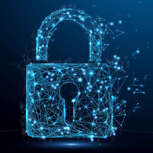 A digital illustration of a padlock made up of interconnected lines and dots, symbolizing security and digital protection. The background is dark blue, enhancing the glowing effect of the padlock.