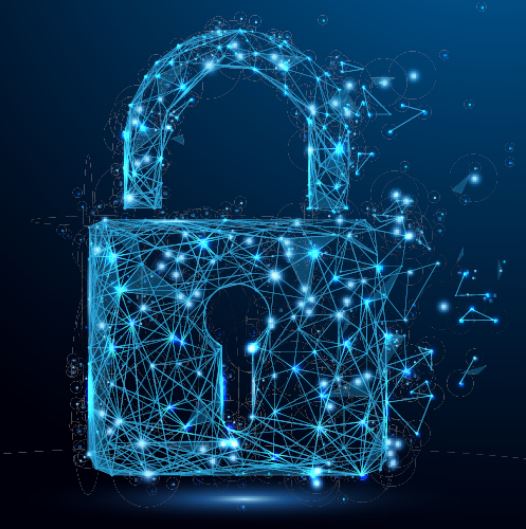 Ein stilisierter, leuchtender Sicherheitsverschluss ist vor einem dunklen Hintergrund dargestellt. Die Struktur besteht aus dratähnlichen, leuchtenden Linien und Punkten, die ein Gefühl von Digitalisierung und Schutz vermitteln. Dieser visuelle Effekt symbolisiert Sicherheit und Datenschutz.
