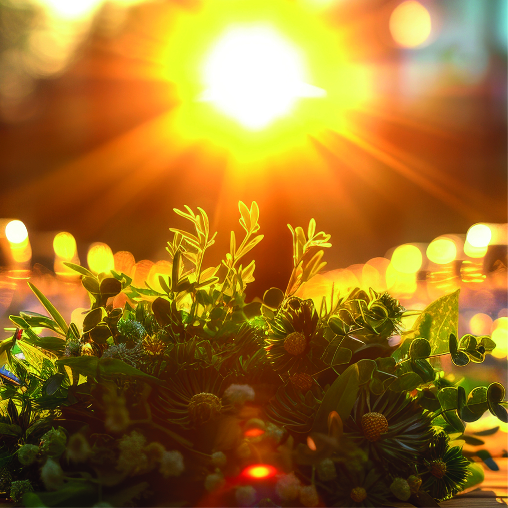 Ein strahlender Sonnenuntergang im Hintergrund, von dem Licht durch einen Blumenstrauß aus verschiedenen grünen Pflanzen und gelben Blüten in den Vordergrund fällt. Die Szenerie vermittelt eine warme, idyllische Atmosphäre.