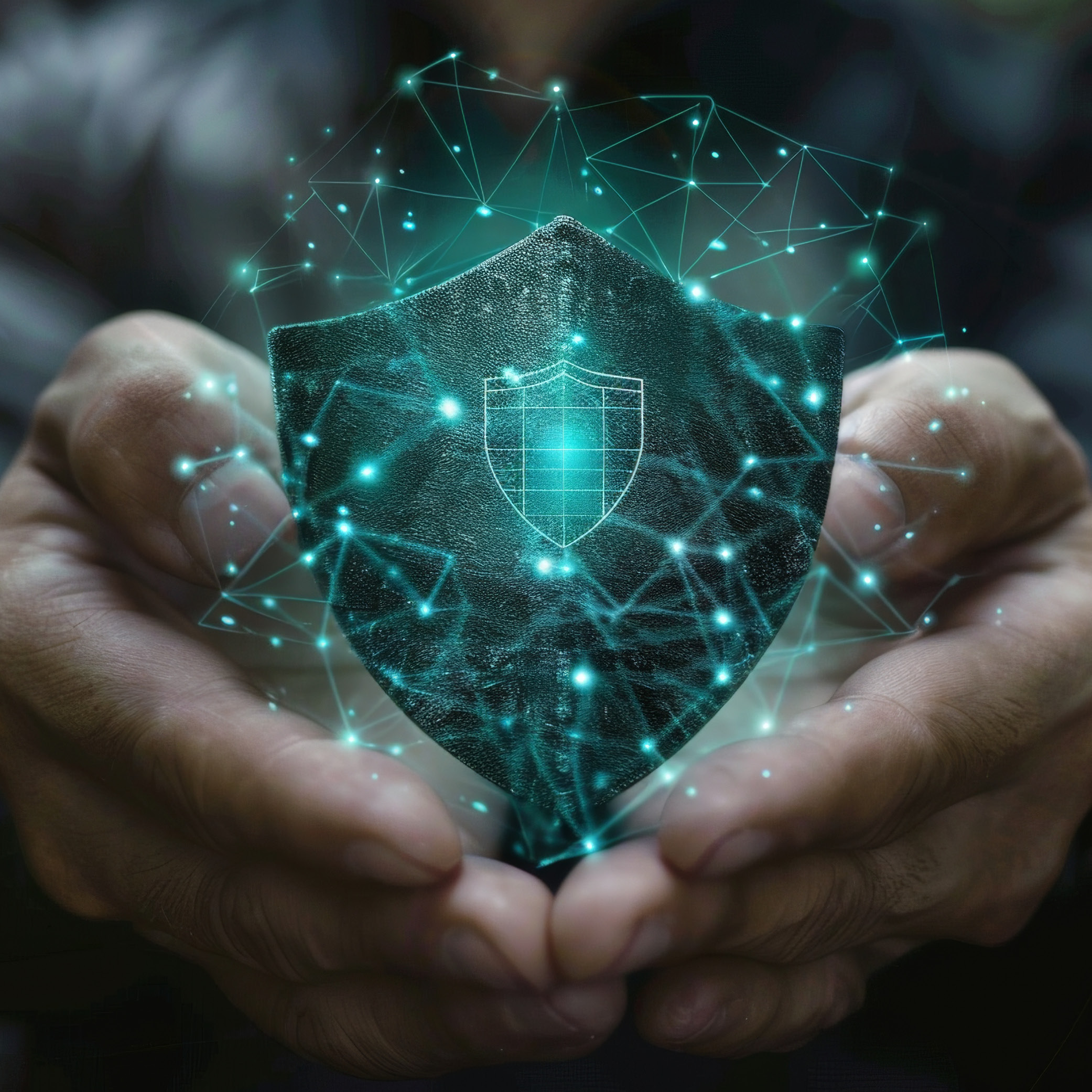 Eine Person hält händisch ein leuchtendes, digitales Schild, das von einem Netzwerk aus Punkten und Linien umgeben ist. Das Bild symbolisiert Schutz und Sicherheit in einer technologischen Umgebung.