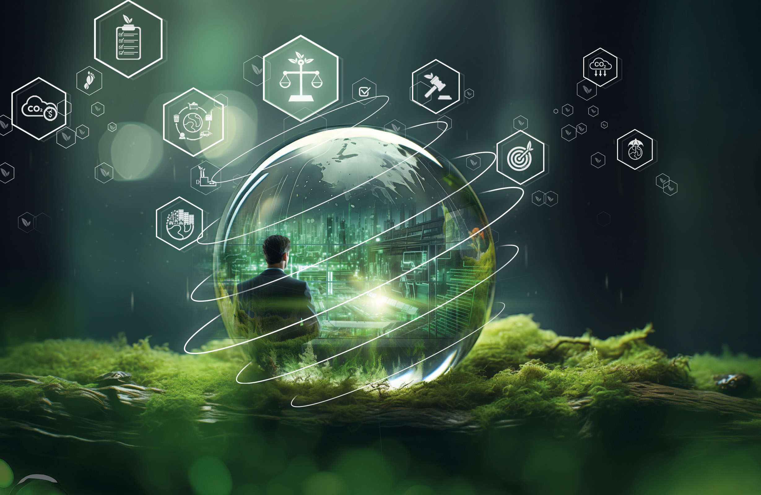 Ein Mensch steht vor einer gläsernen Erdkugel, umgeben von grüner, moosbedeckter Landschaft. Über der Kugel erscheinen Symbole wie CO2, Justizwaage und Umwelticons, die technologische Innovationen und Nachhaltigkeit darstellen. Die Szene vermittelt eine Verbindung zwischen Natur, Technologie und Verantwortung.