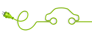 An electric plug connected to a green cord forms the outline of a car, symbolizing electric vehicles and sustainable energy.