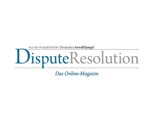 Logo des Online-Magazins „Dispute Resolution“ aus der Produktfamilie Deutscher AnwaltSpiegel. Der Titel ist prominent gestaltet, wobei „Dispute“ in blauer Schrift und „Resolution“ in grauer Schrift hervorgehoben ist. Untertitel: „Das Online-Magazin“.